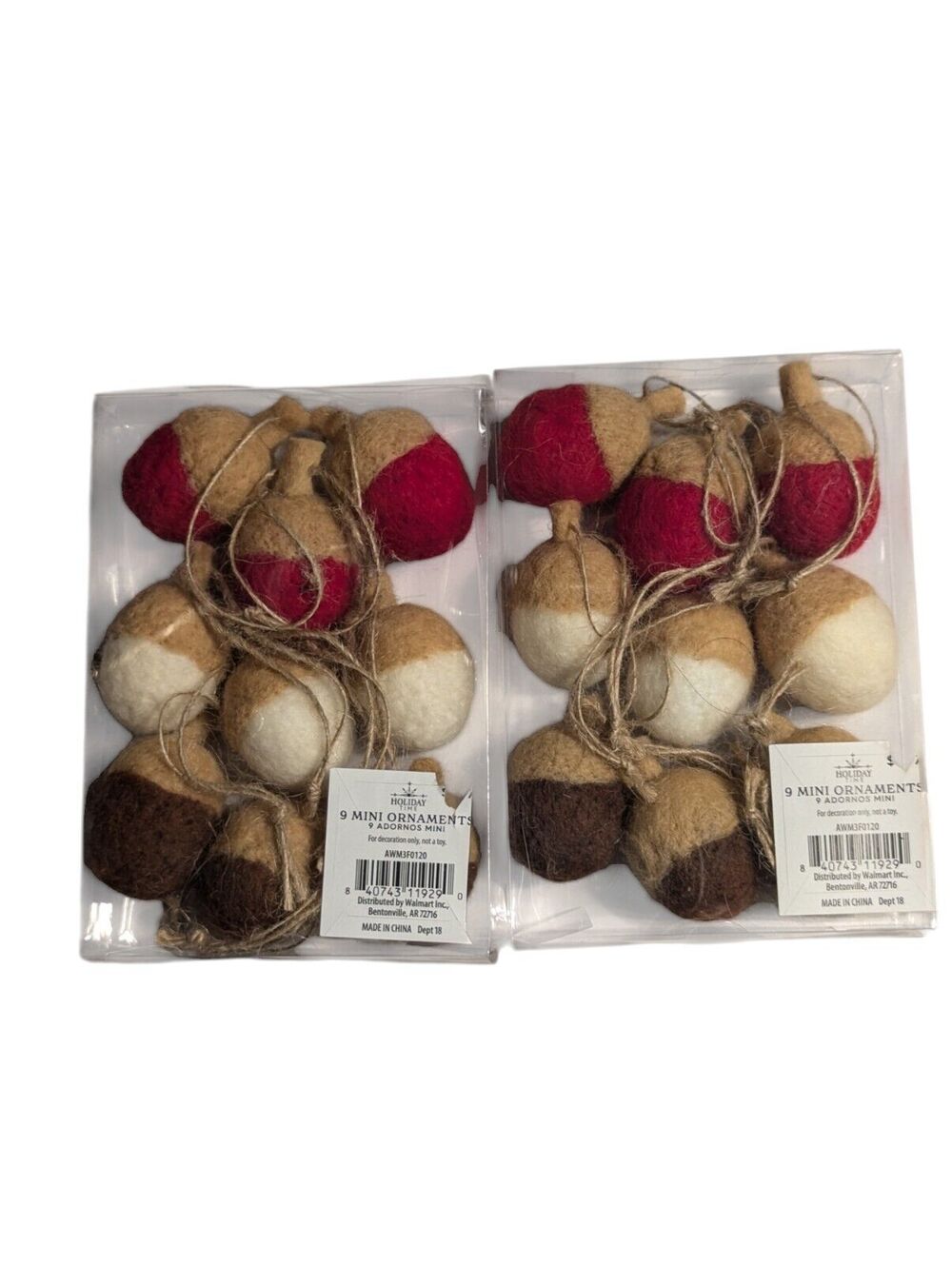 2x Holiday Time 9ct Felt Mini Acorn Christmas Ornaments Woodland Fall Decor